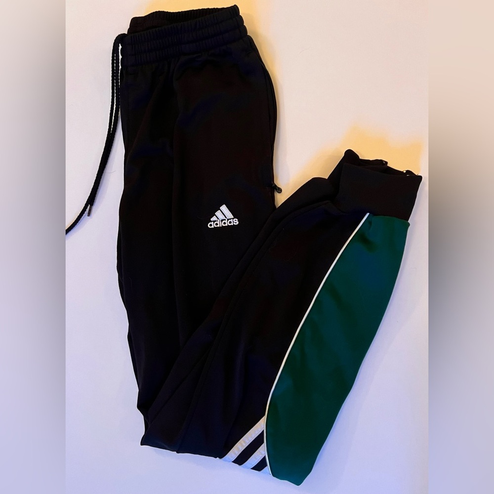 Adidas Black and Green Sweatpants with Tapered Leg